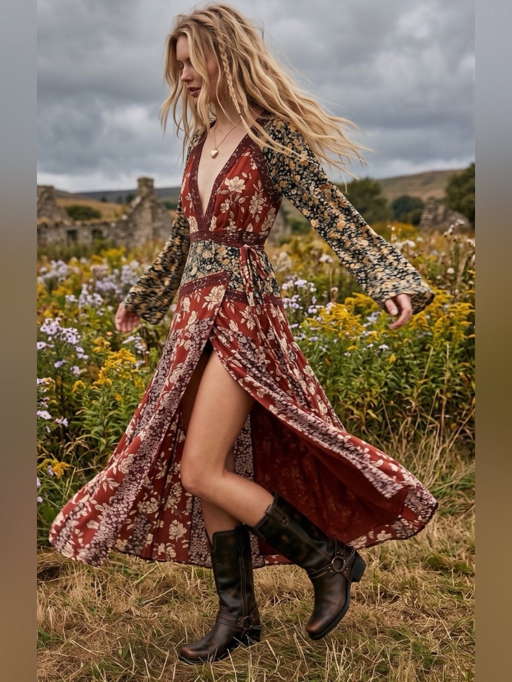 Free People Mixed Floral Wrap Maxi Dress in Rust and Black